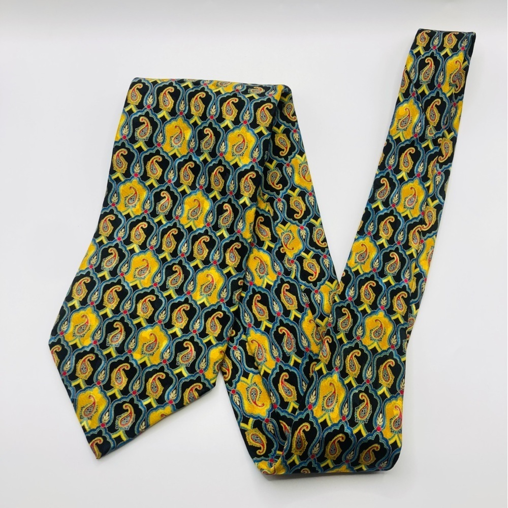 Brioni Roma silk black yellow blue and pink paisley vintage tie.